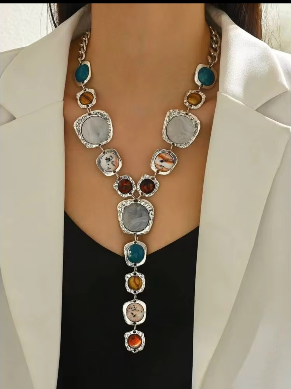 New! Faux Moonstone, Pink & Blue Acrylic Stone Statement Y-Necklace Lariat